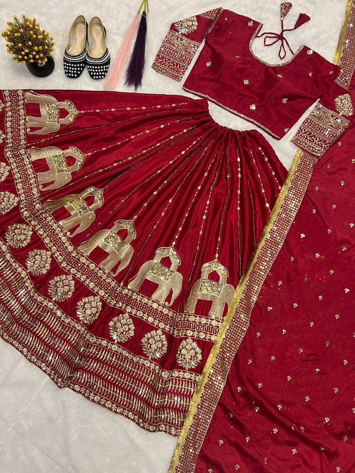 Dark Green & Maroon Heavy Chinon Silk Embroidered Lehenga Choli - Tiamgee