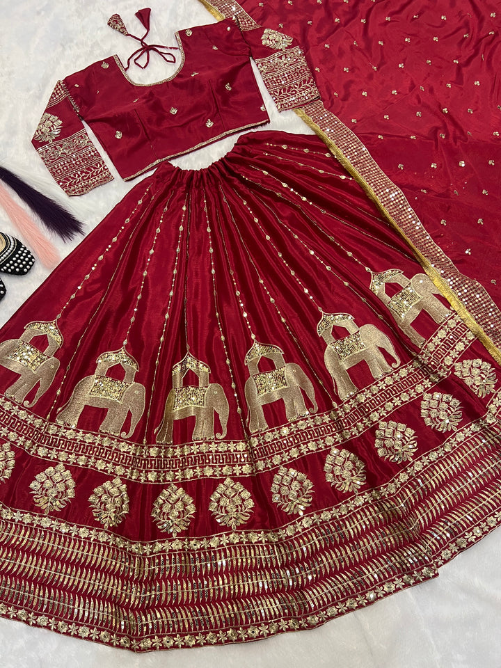 Dark Green & Maroon Heavy Chinon Silk Embroidered Lehenga Choli - Tiamgee