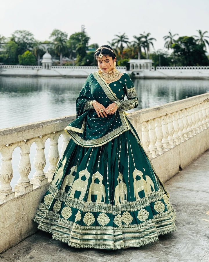 Dark Green & Maroon Heavy Chinon Silk Embroidered Lehenga Choli - Tiamgee
