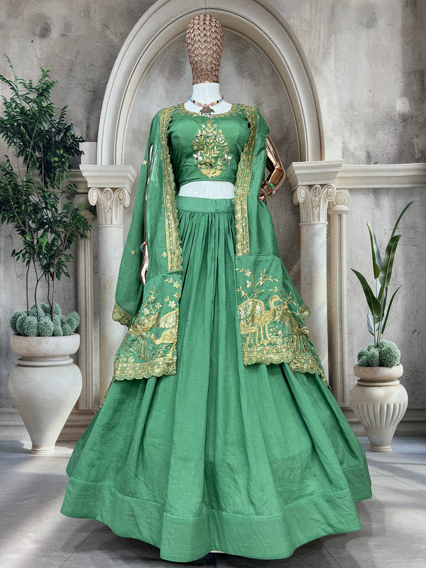Green Cotton Silk Embroidered Lehenga Choli with Koti-Style Dupatta