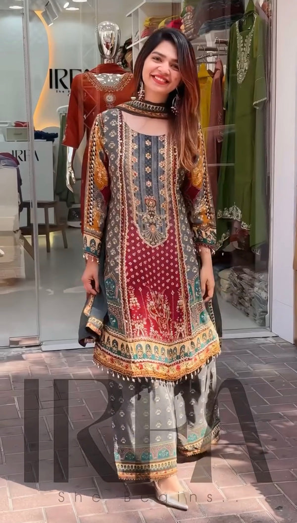 Gray Heavy Faux Georgette Digital Print Hand Work Salwar Suit