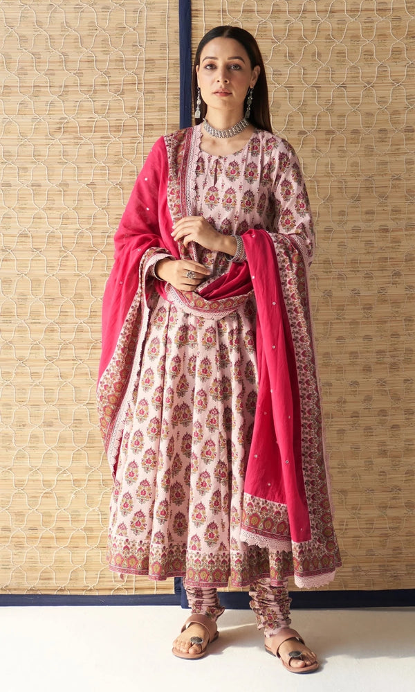 Pink Heavy Pure Cambric Cotton Anarkali 3-Piece Set