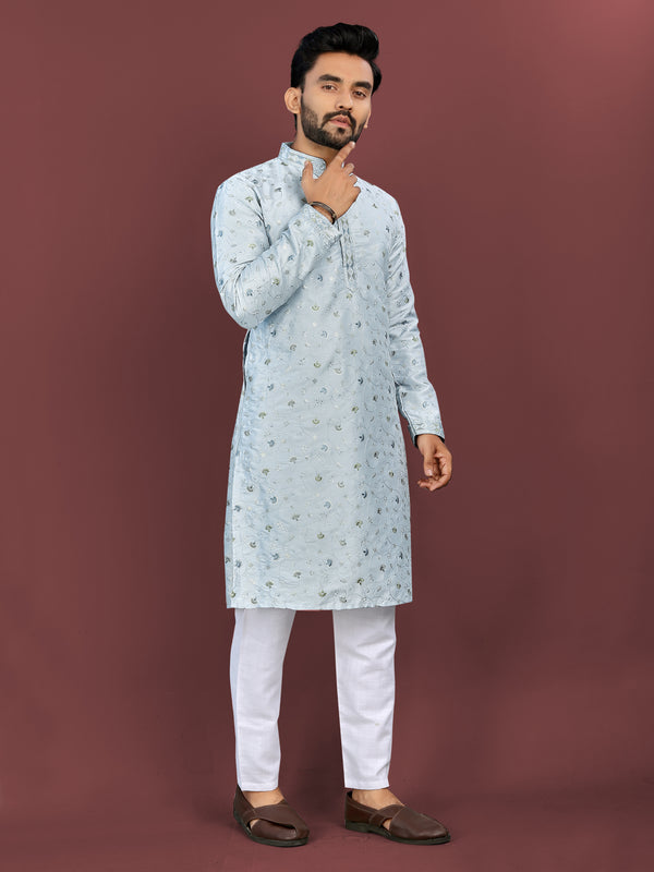 Silky Silk Men's Kurta Pyjama with Floral Embroidery and Sequins