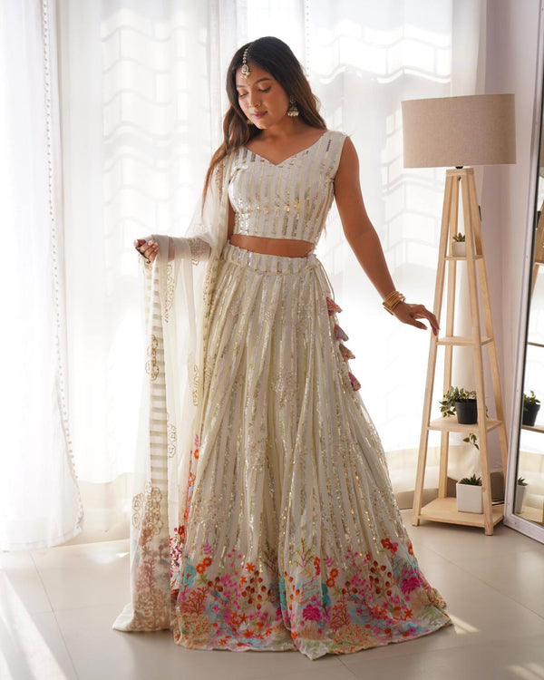 White Faux Georgette Embroidery Lehenga Choli Set