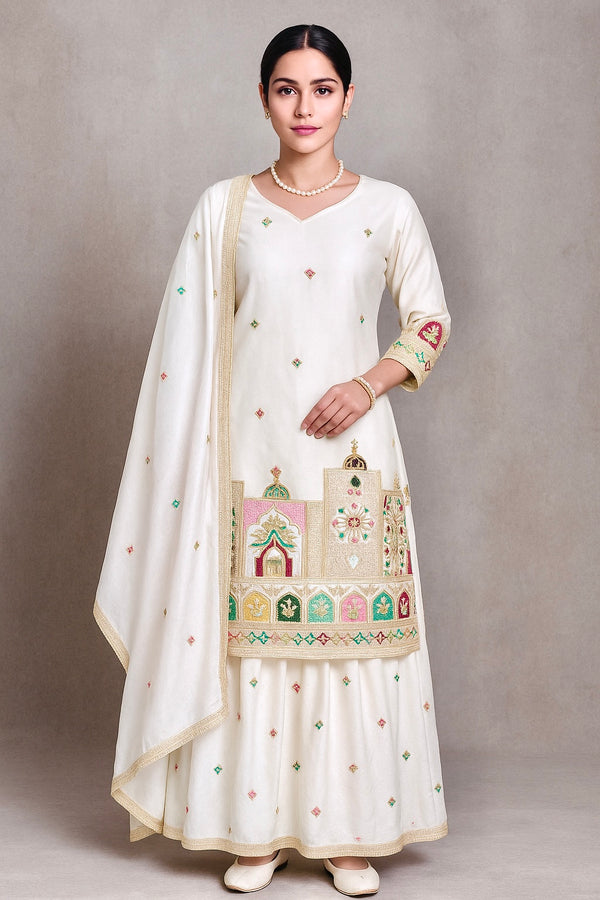 White Pure Chinon Silk Kurti Sharara Set with Embroidered Dupatta