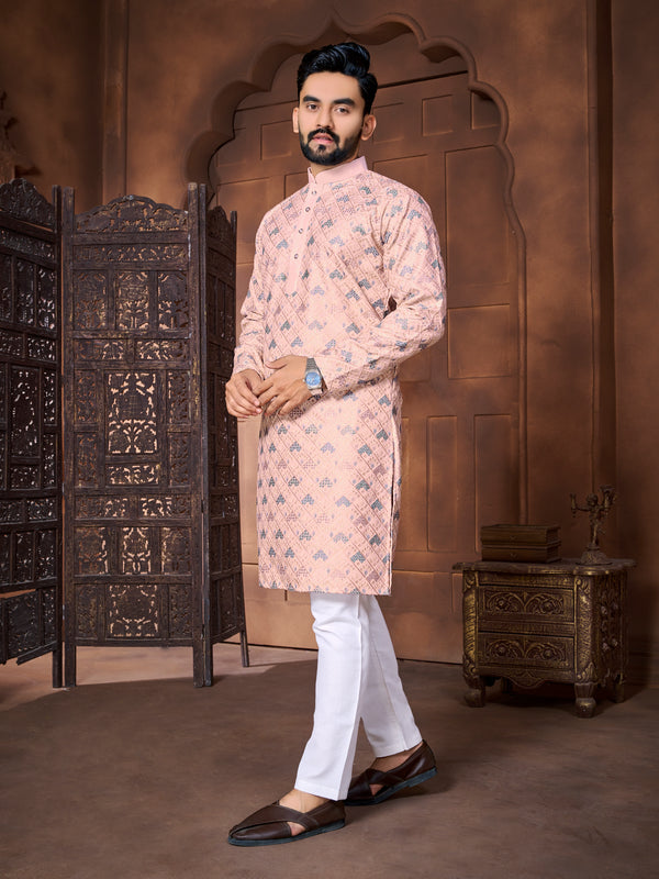 Italian Silk Men's Kurta Pyjama with Multi-Colour Thread Embroidery