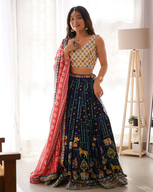 Blue Faux Georgette Embroidered Lehenga Choli Set with Digital Print Dupatta