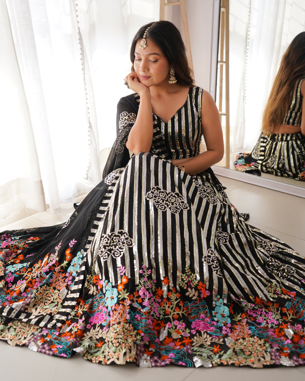 Black Faux Georgette Lehenga Choli Set with Thread and Sequin Work