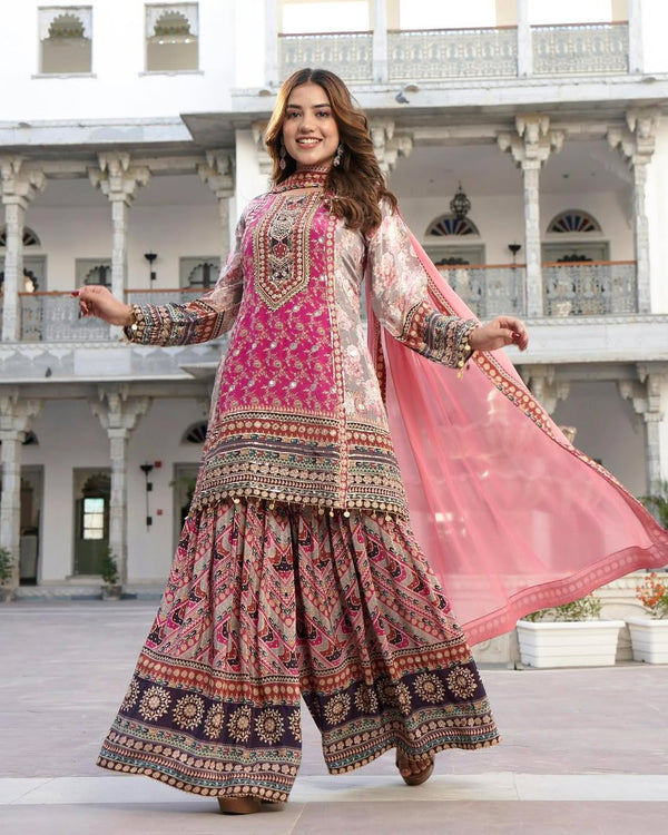 Pink Heavy Faux Georgette Digital Print Hand Work Salwar Suit