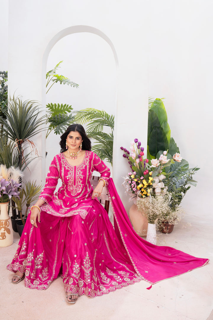 Pure Heavy Chinnon Silk Top with Sharara and Dupatta - Tiamgee
