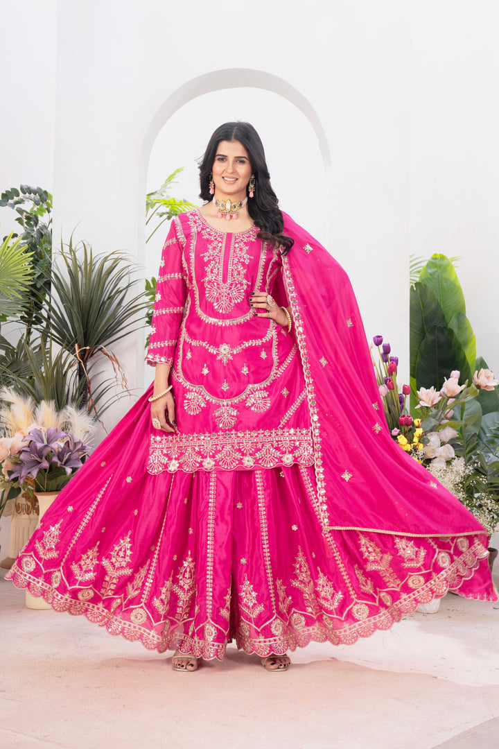 Pure Heavy Chinnon Silk Top with Sharara and Dupatta - Tiamgee