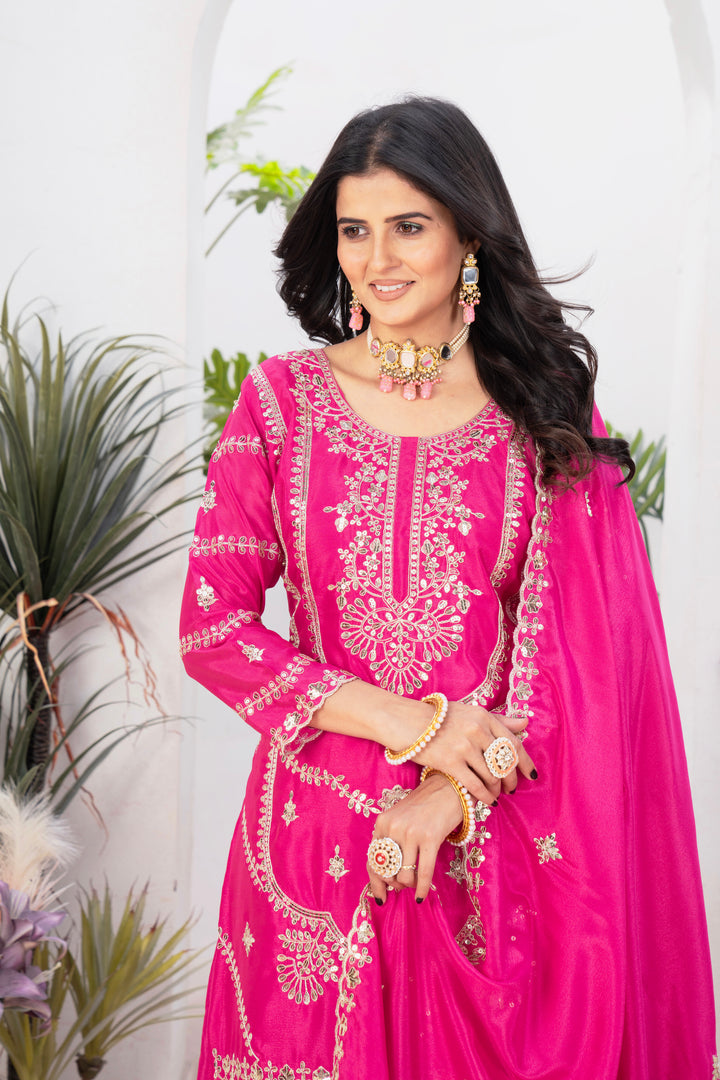 Pure Heavy Chinnon Silk Top with Sharara and Dupatta - Tiamgee