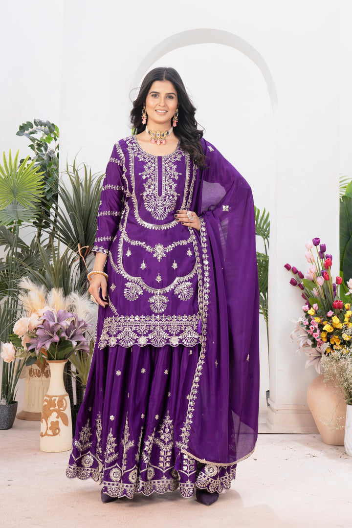 Pure Heavy Chinnon Silk Top with Sharara and Dupatta - Tiamgee