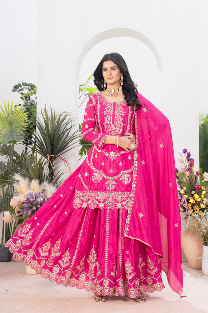 Pure Heavy Chinnon Silk Top with Sharara and Dupatta - Tiamgee