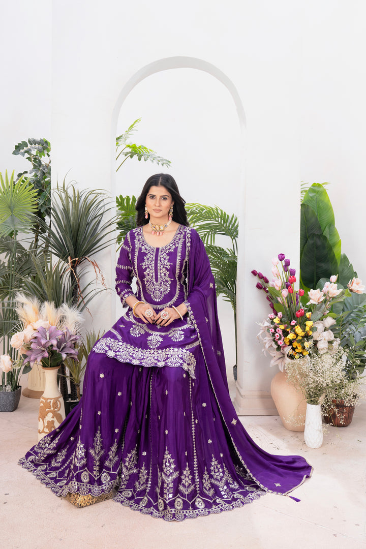 Pure Heavy Chinnon Silk Top with Sharara and Dupatta - Tiamgee