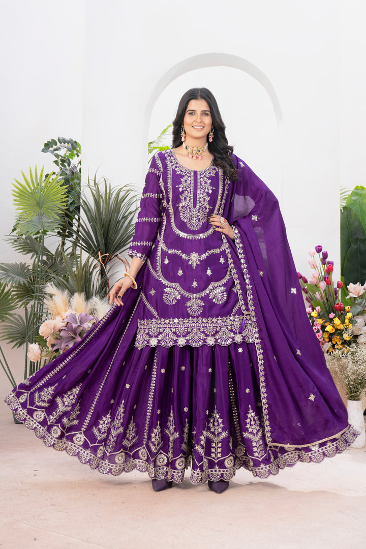 Pure Heavy Chinnon Silk Top with Sharara and Dupatta - Tiamgee