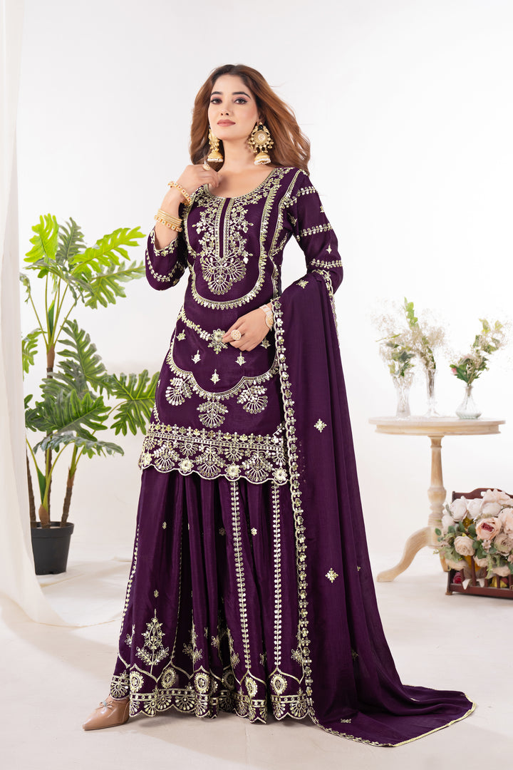 Pure Heavy Chinnon Silk Top with Sharara and Dupatta - Tiamgee