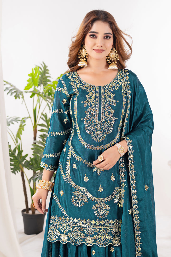 Pure Heavy Chinnon Silk Top with Sharara and Dupatta - Tiamgee