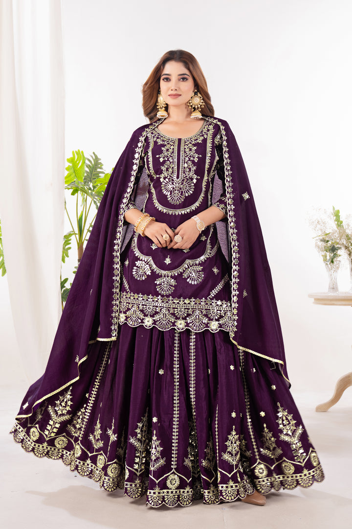 Pure Heavy Chinnon Silk Top with Sharara and Dupatta - Tiamgee