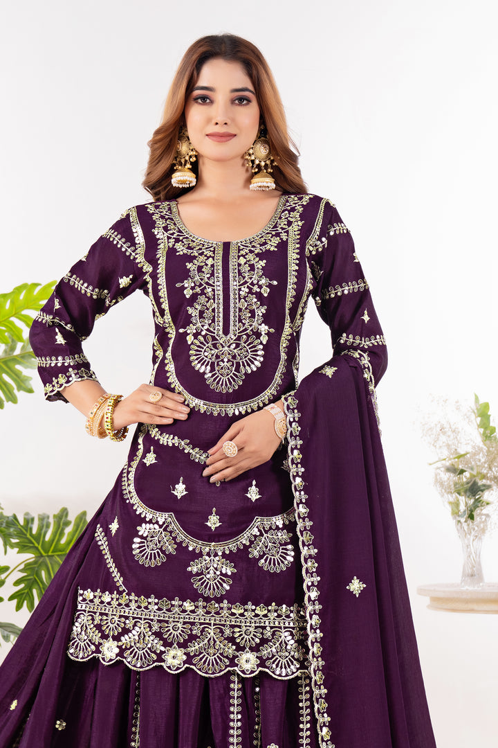 Pure Heavy Chinnon Silk Top with Sharara and Dupatta - Tiamgee