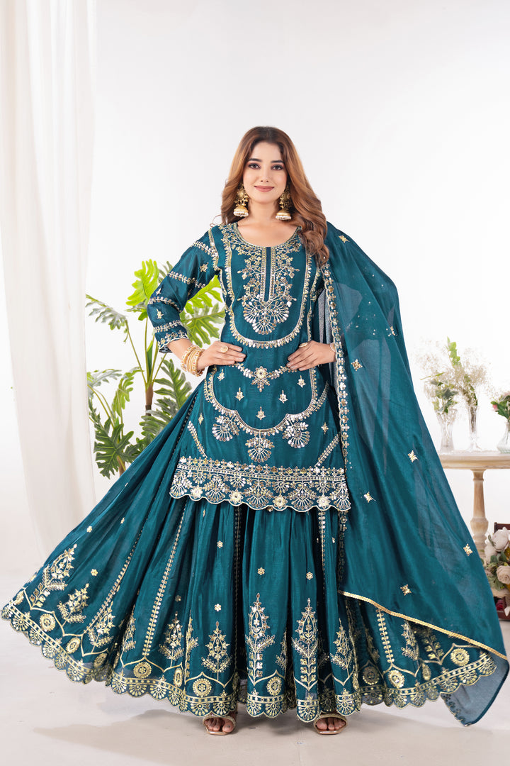 Pure Heavy Chinnon Silk Top with Sharara and Dupatta - Tiamgee