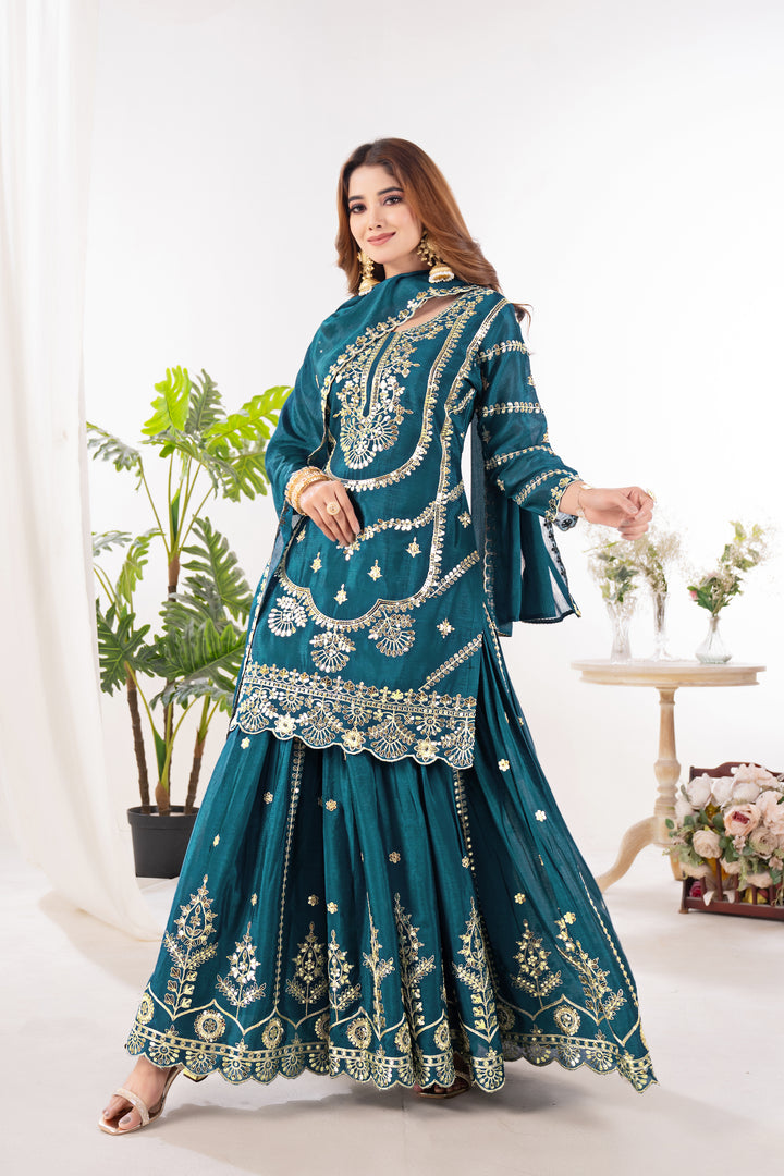 Pure Heavy Chinnon Silk Top with Sharara and Dupatta - Tiamgee