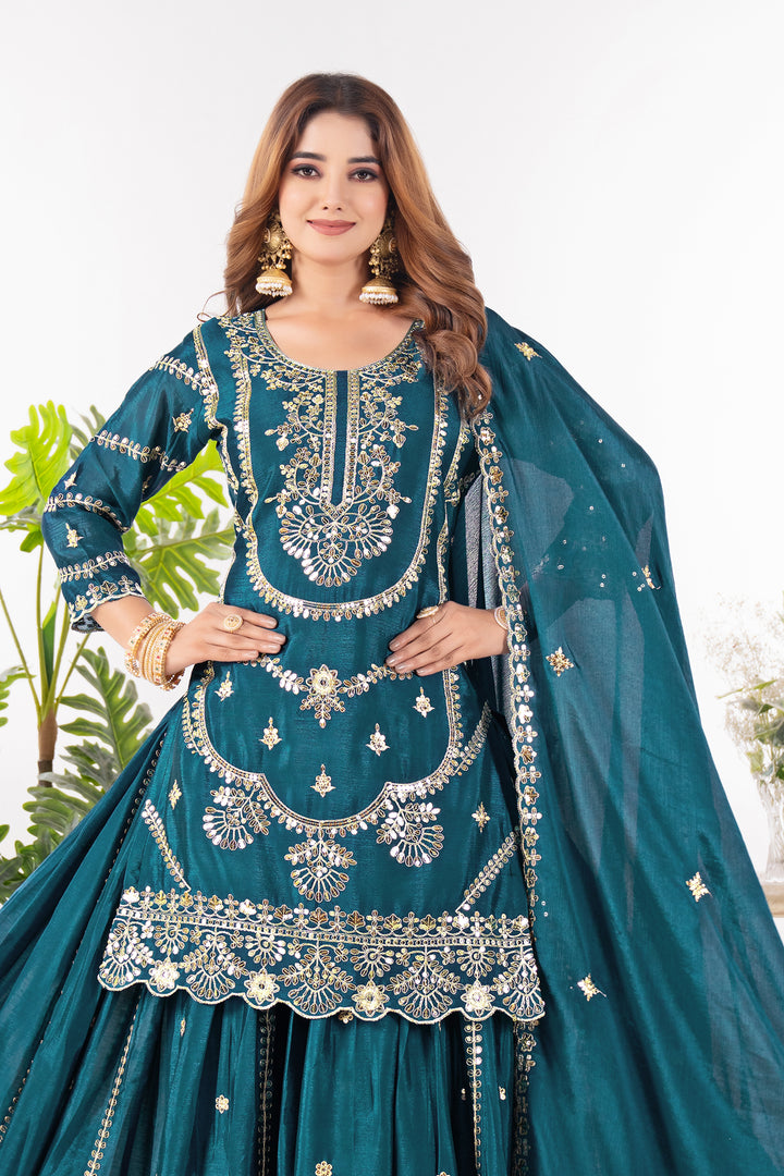 Pure Heavy Chinnon Silk Top with Sharara and Dupatta - Tiamgee