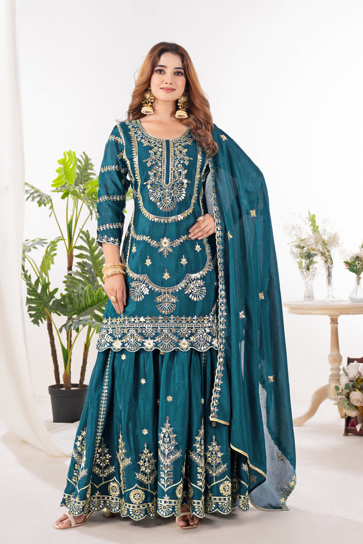 Pure Heavy Chinnon Silk Top with Sharara and Dupatta - Tiamgee
