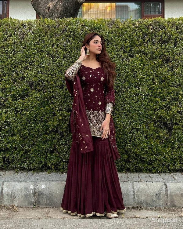 Maroon Heavy Chinon Silk Sharara Set with 5mm Sequin Embroidery