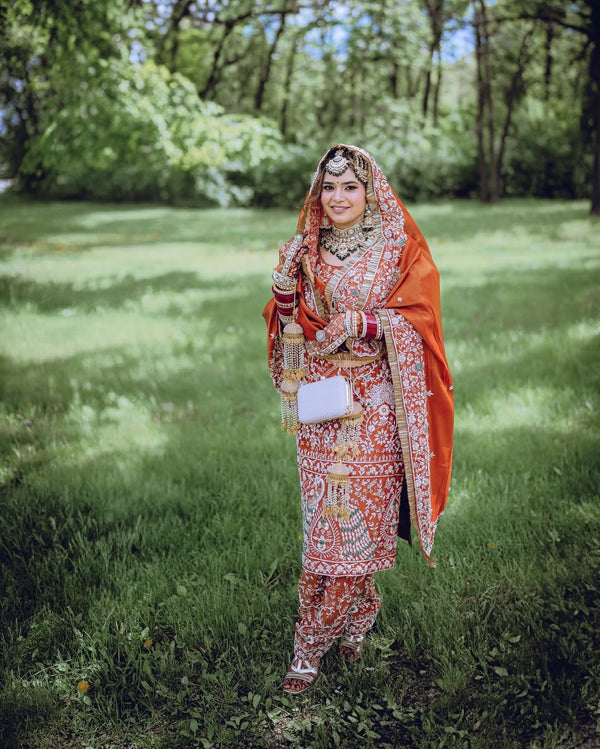 Long Punjabi Style Suit Set with Embroidered Farshi Salwar & Dupatta