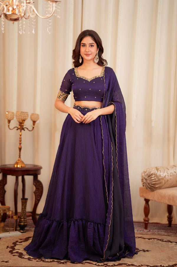 Purple Diamond Crush Silk Lehenga with Sequins & Dori Work, Blouse & Dupatta