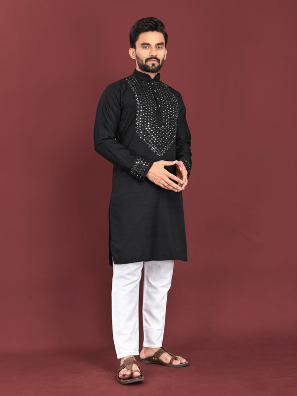 Soft Silk Men's Kurta Pyjama with Real Mirror Handwork