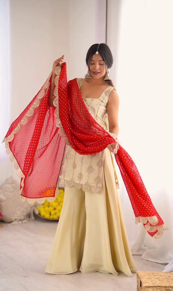 Natural Crepe Silk Embroidered Top with Palazzo and Digital Print Dupatta