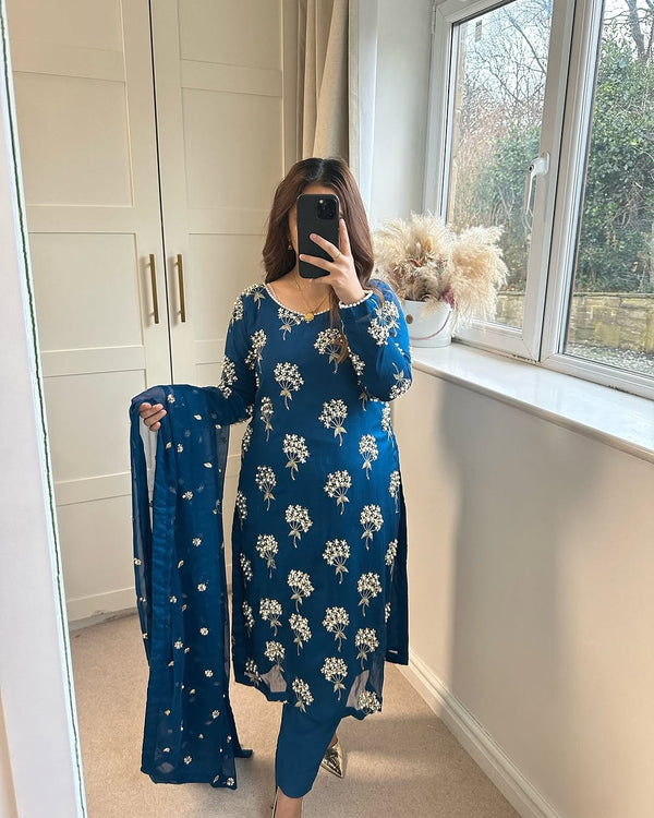 Heavy Chinon Embroidered Long Top with Pant and Dupatta