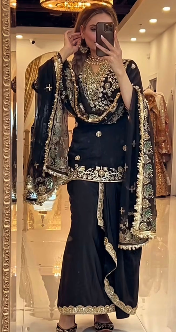 Black Heavy Silk Dhoti Skirt Set with Embroidery &amp; Sequins