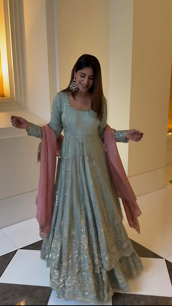 Sky Blue Star Georgette Embroidered Lehenga Set