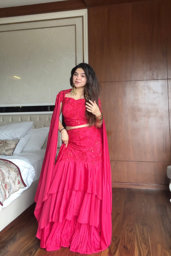 Pink French Crape Lehenga Set with Cape-Style Dupatta