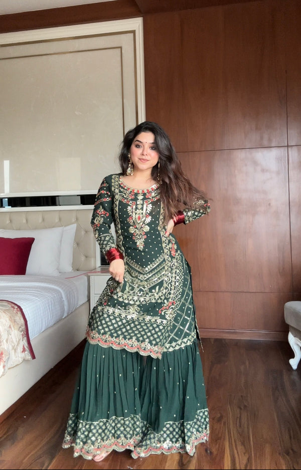 Green Faux Georgette Kurti with Sharara & Dupatta