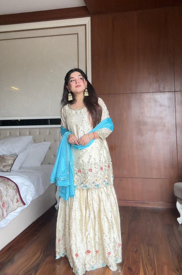 White Chinon Sharara Suit with Sequin Embroidery & Tassel Detailing