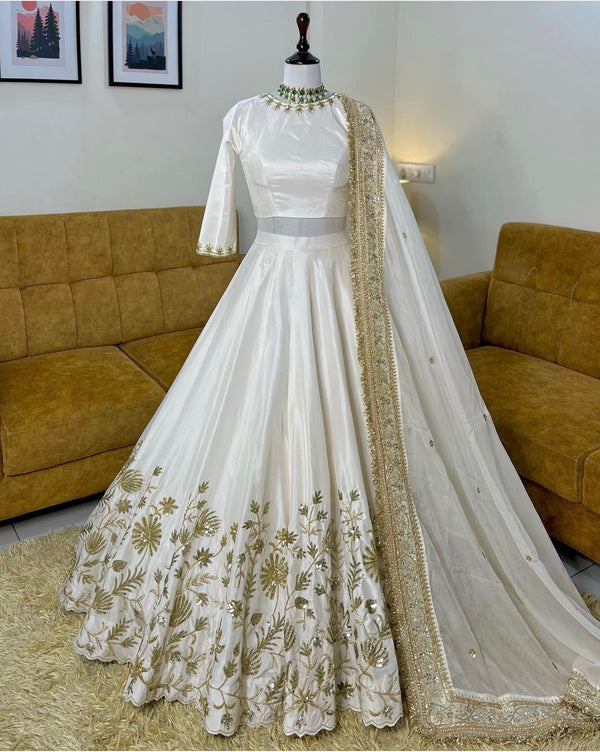 White Slub Silk Lehenga Choli Set with Zari & Sequins Embroidery