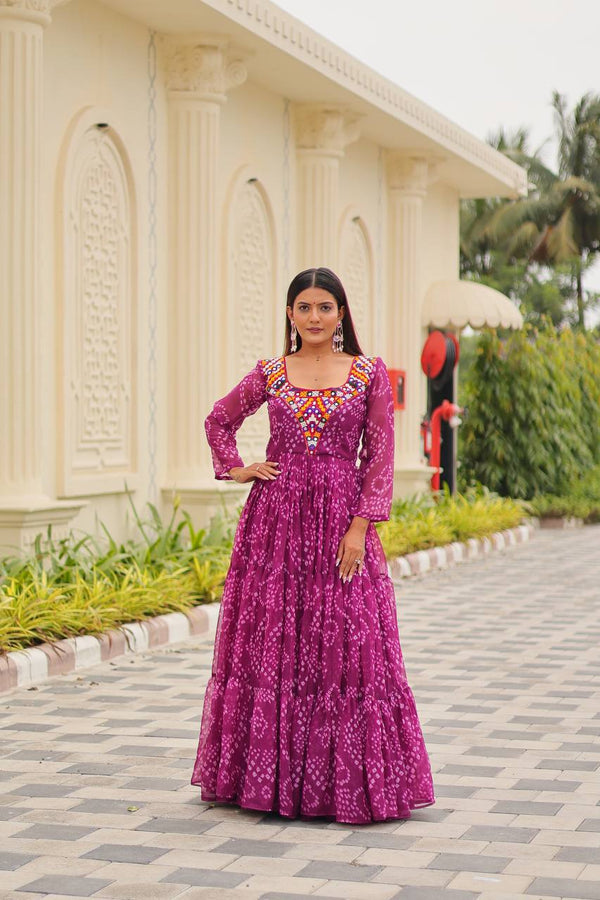 Violet Navratri Special Gamthi Work Gown with Real Mirror