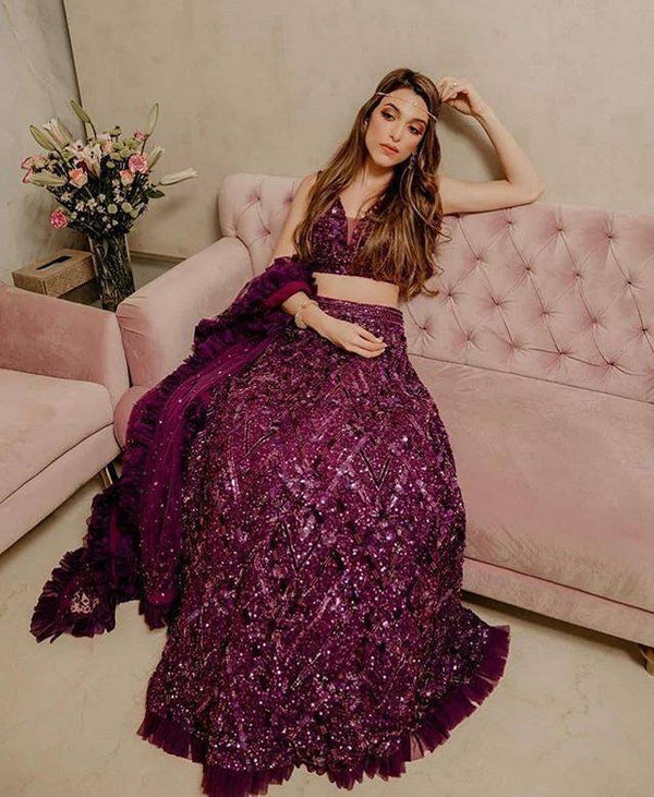 Dark Purple Velvet Lehenga with Blouse and Net Dupatta