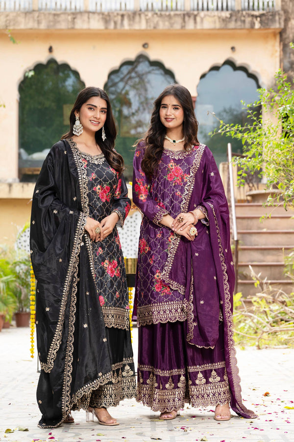 Chinon Silk Kurti Set with Embroidered Palazzo and Dupatta