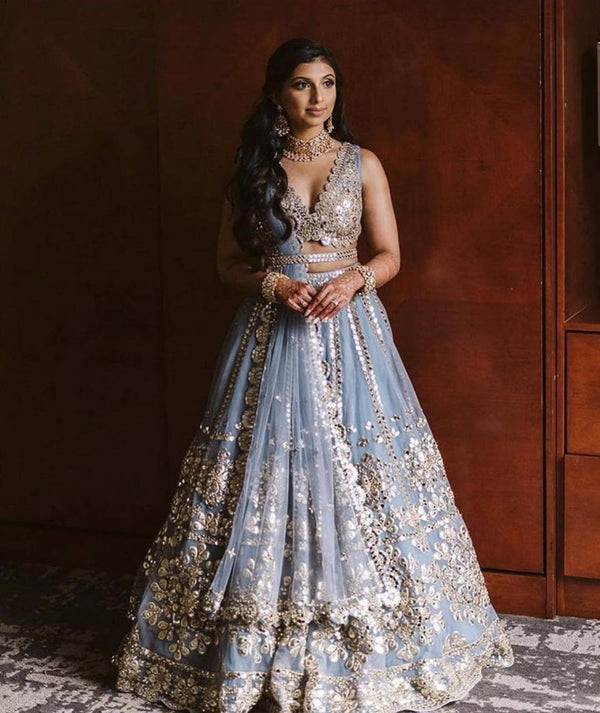 Light Blue Net Lehenga with Zari and Foil Work, Blouse, and Dupatta