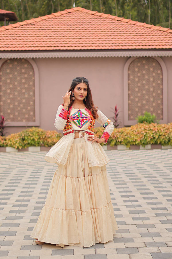 Off White Navratri Special Gamthi Work Lehenga Choli with Koti