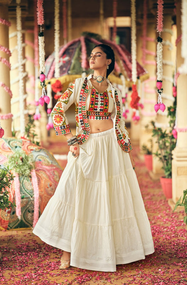 White Pure Cotton Lehenga Set with Embroidered Blouse & Koti