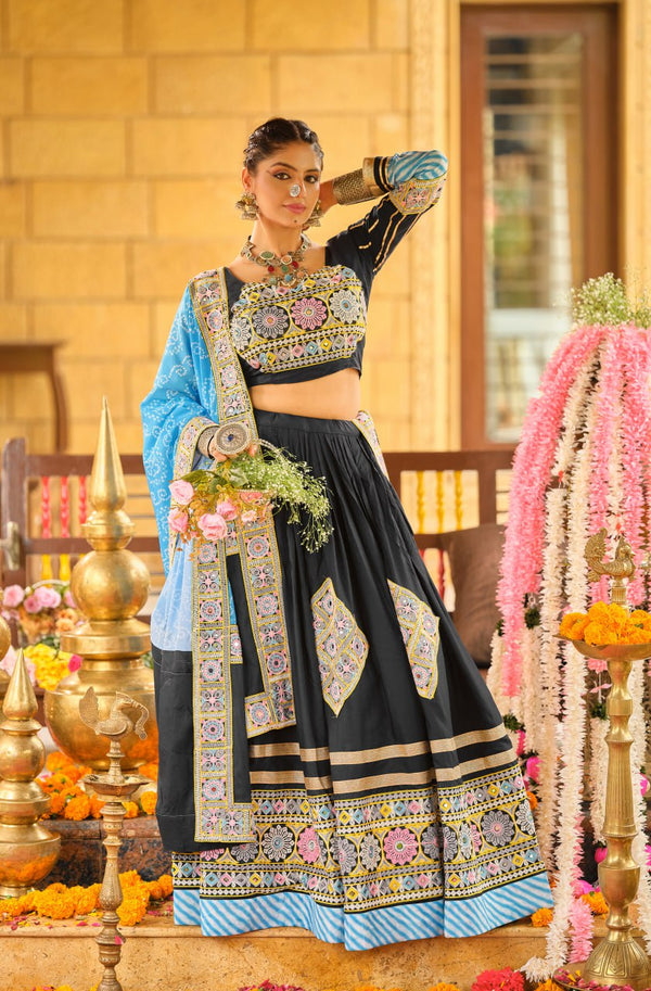 Black Rayon Lehenga Set with Embroidery, Mirror Work & Printed Dupatta