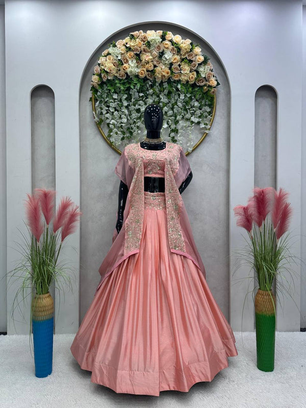 Pink & Blue Chinon Lehenga Set with Embroidered Shrug and Choli