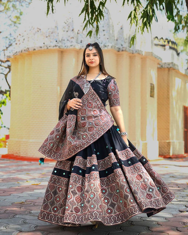 Black Printed Crape Silk Lehenga Set with Real Mirror Work & Digital Print Dupatta