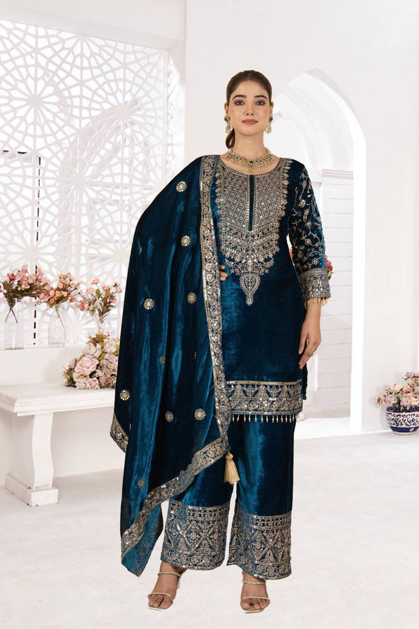 Teal & Purple Viscose Velvet Embroidered Suit Set